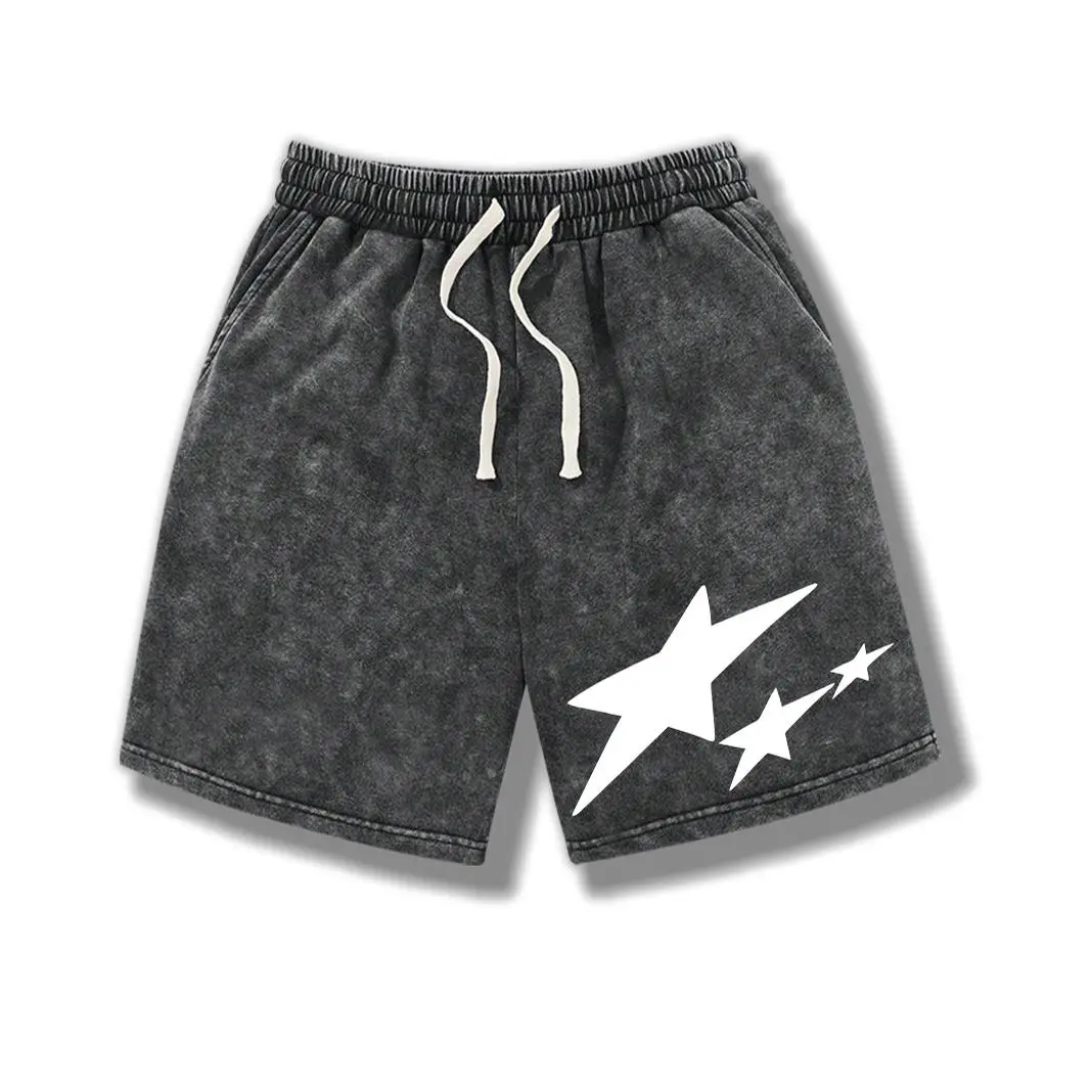 Men’s summer athletic shorts with star print, washed distressed cotton fabric; casual loose fit with a drawstring waist and pockets; retro street style from the 2000s. Suitable for running, golf, fishing, basketball, camping, gym, swimming, and beach.