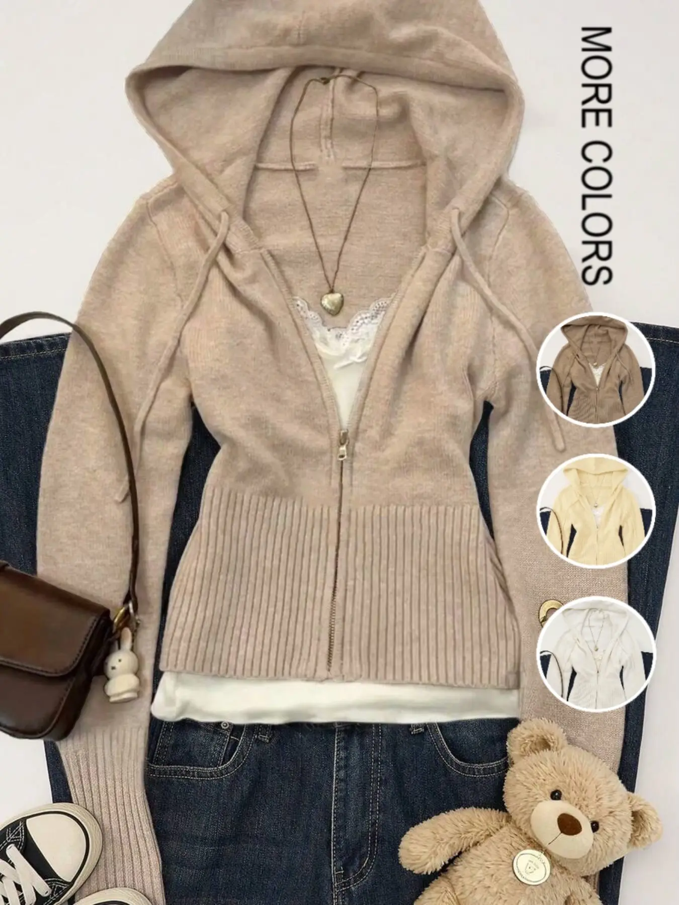 Women's Zipper Hooded Knit Cardigan Coat, Fall Winter New Arrival, Slim Fit, Elegant Style, Soft Comfortable, Fashionable Versatile Sweater Jacket
