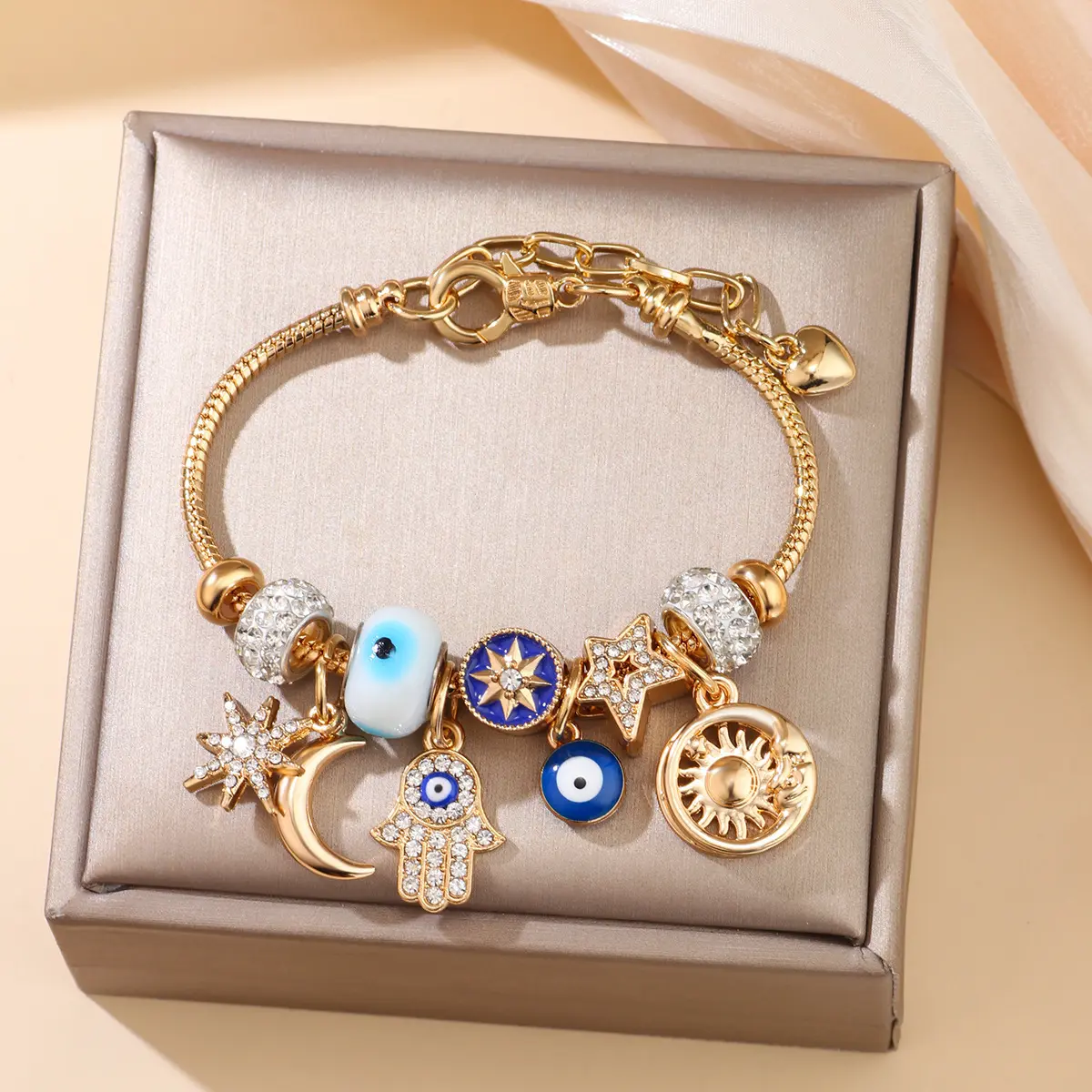 Celestial Charm Bracelet for Women |   Moon, Hamsa Hand, Evil Eye & Tree of Life Charms |   Gold Adjustable Chain |   Fashion Jewelry Gift