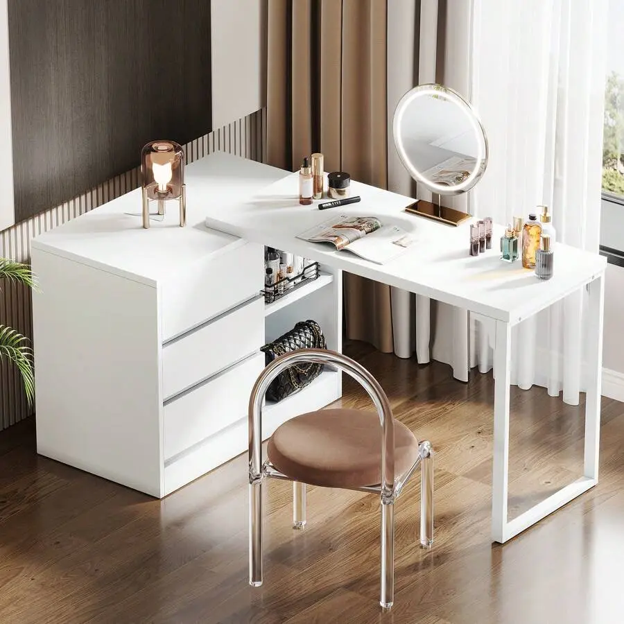 Vanity Desk With 3 Drawers And 2 Shelves, White Small Makeup Vanity Table With Reversible Storage Cabinet, Modern White Corner Dressing Table Bedroom, Makeup Room (Without Mirror)