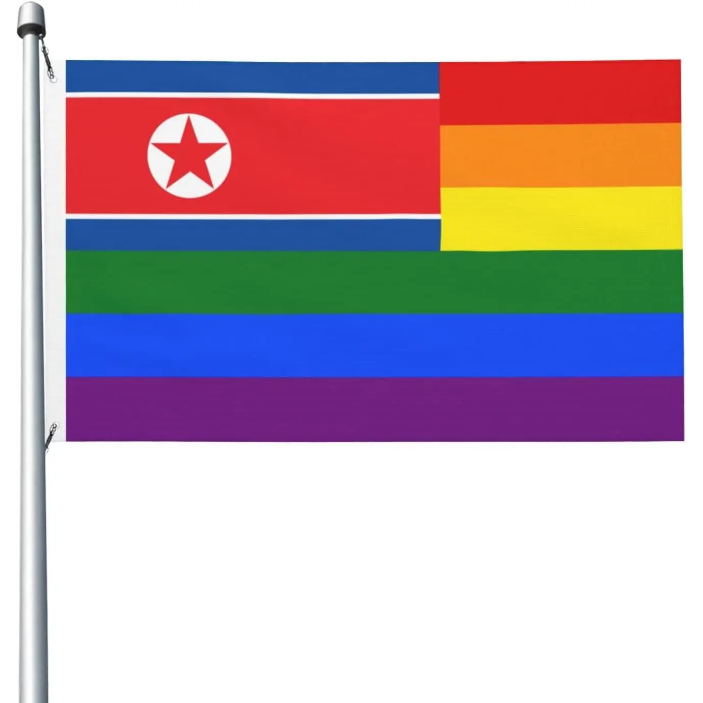 North Korea Pride Fusion Flag - Left Red-White-Blue Star Panel, Full Rainbow Stripe, Polyester Fabric Party Banner, Outdoor Decor for LGBTQ Cultural Festival, Lightweight Decorative Collectible Flag