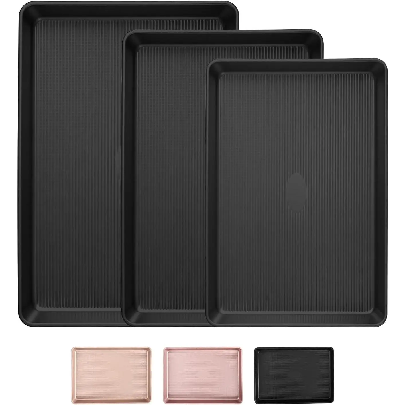 3-Piece Nonstick Carbon Steel Baking Sheet Pan Set, 0.6mm Thick Quarter/Half/Jelly Roll Pans with Stripe Texture, Heavy-Duty Rust-Resistant Easy-Clean Oven Cookie Sheets (Black) - Elegant Party Gift, Carbon Steel Pan box storage