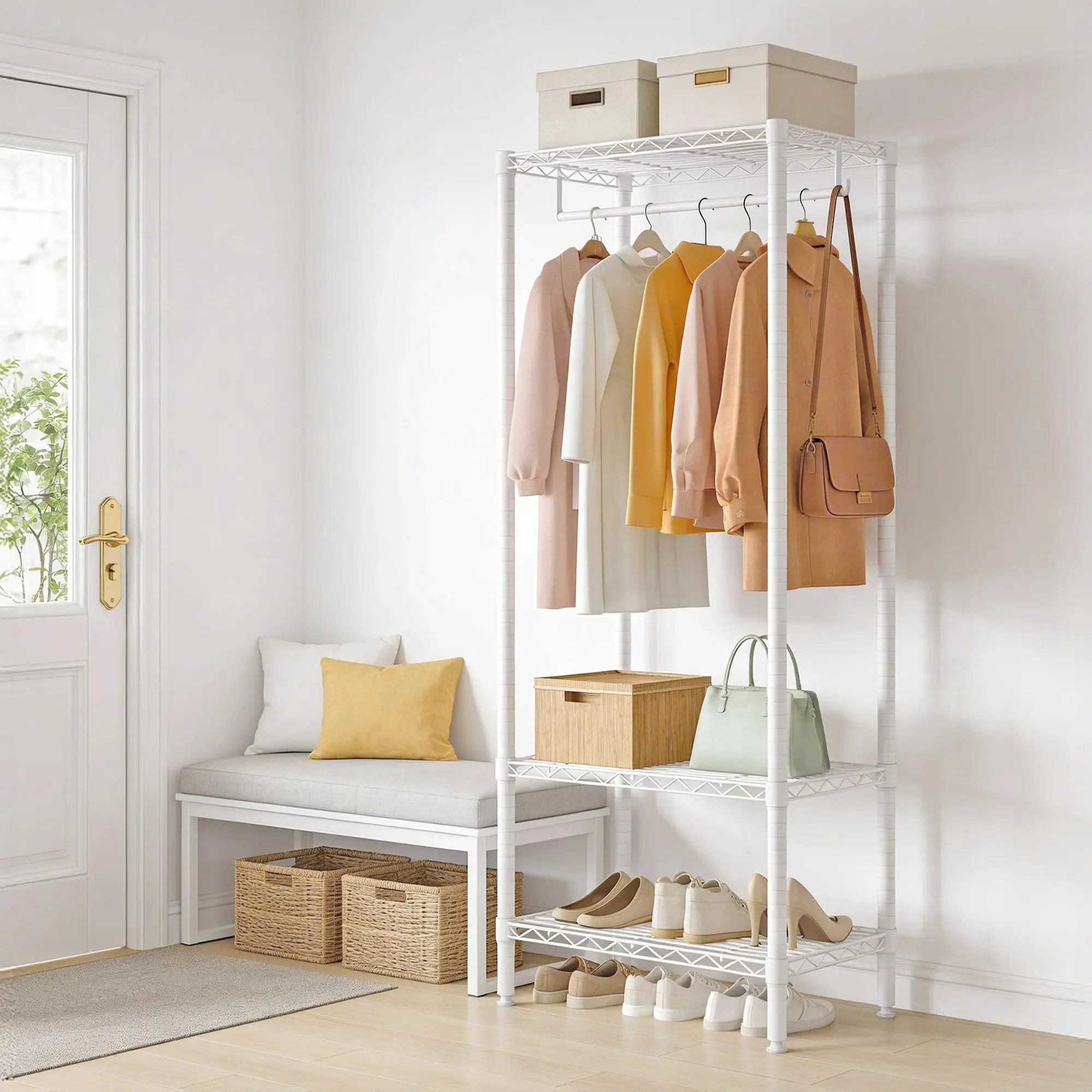 Garvee Freestanding Clothes Rack with Adjustable Shelves, 70.5"H Compact Heavy-Duty Dress Up Rack Small Closet System, for Dorm Corner Bedroom Cloakroom Apartment, 684LBS Weight Capacity, White