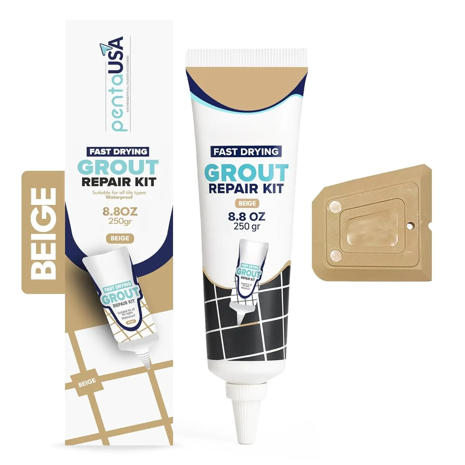Warm Beige Tile Grout Repair Kit - Premixed Sanded Grout for Bathroom Shower Kitchen Floor, Beige Collection, Water-Resistant Filler Tube with Applicator, Easy DIY Restore (8.8oz / 250g)