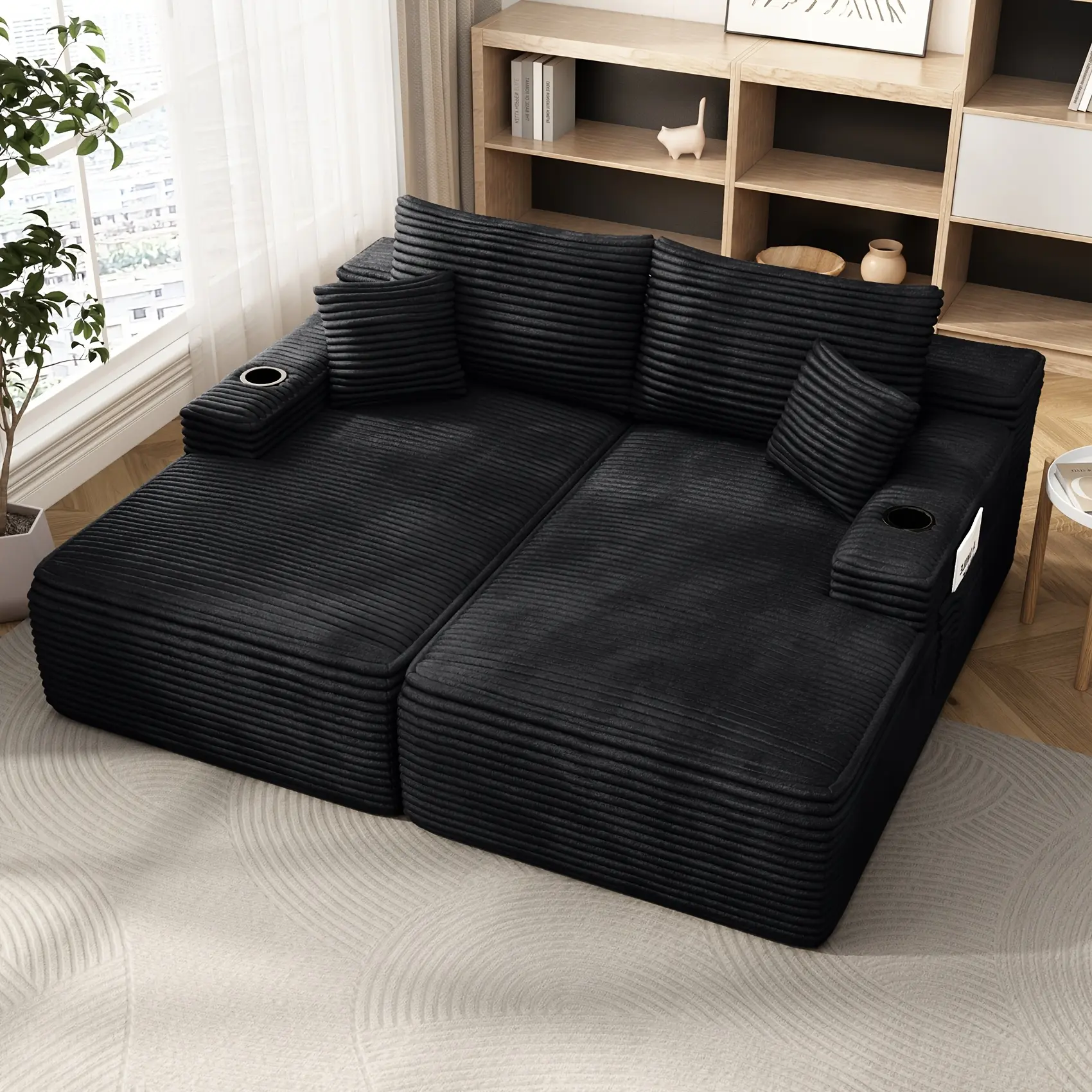 Modern 69-Inch Extra-Large Rectangular Boneless Loveseat Sofa Bed - Hybrid Spring & Foam Cotton Couch, Convertible Bed with Built-in Cups & Side Pockets, Sleeper Chair for Couples, Guest Rooms
