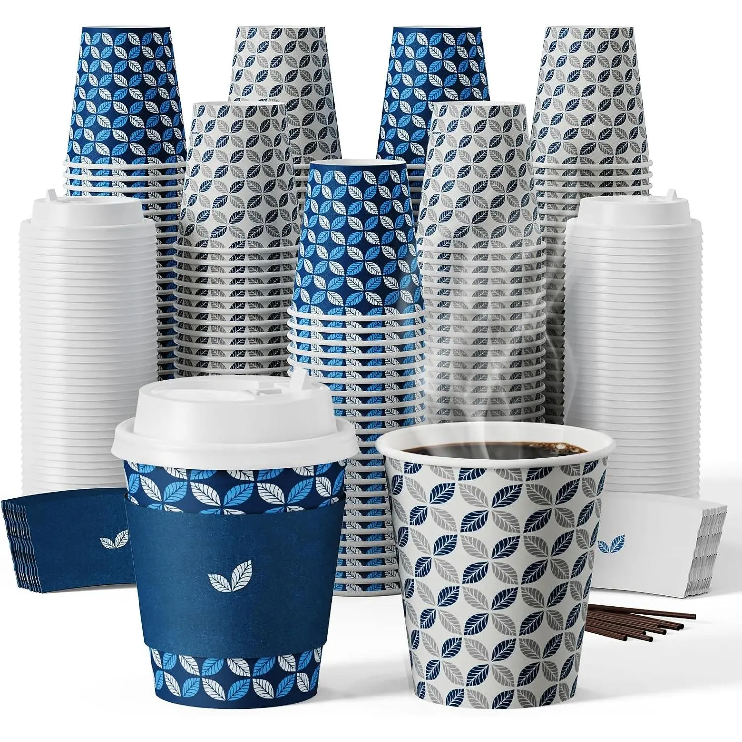 100 Pack 10 oz Disposable Coffee Cups, Hot Paper Coffee Cups with , Sleeves and Stirrers for , Office, Cafe (Blue Leaf and Grey Leaf)