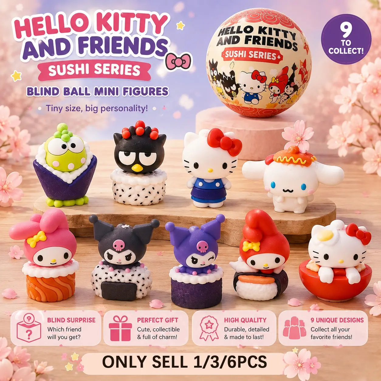1/3/6PCS Sanrio Hello Kitty & Friends Sushi Mystery Pack, Surprise Pack, Official Licensed Blind Box Mini Figure, Blind Bag, Cute Fun Collectible Desk Decor, Toy Gift