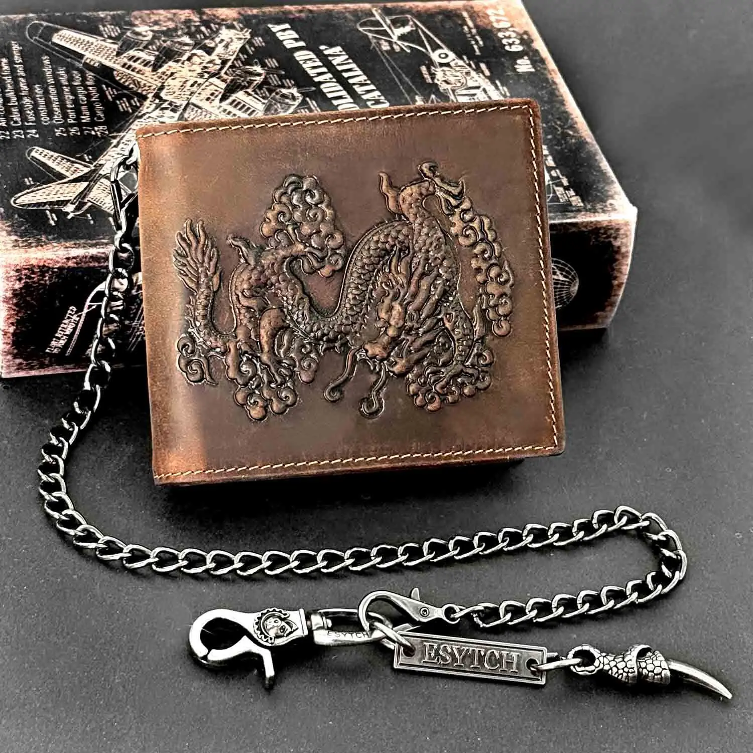 Vintage Dragon Leather Bifold Wallet Slim Biker Card Holder Money Wallet Purse