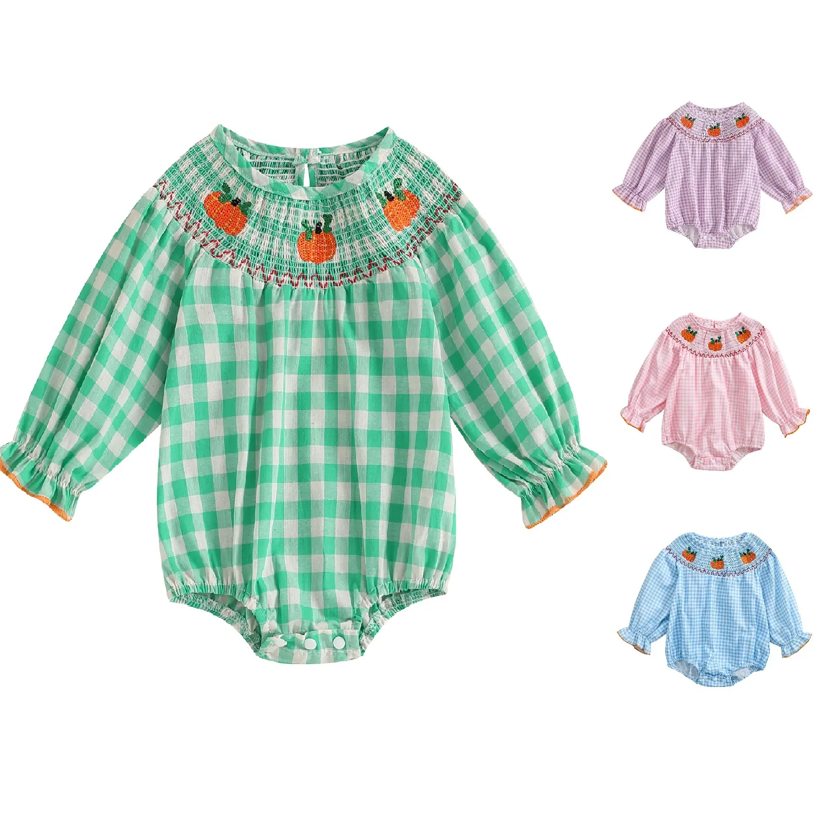 Baby Girl Gingham Pumpkin Embroidery Halloween Long Sleeve Romper