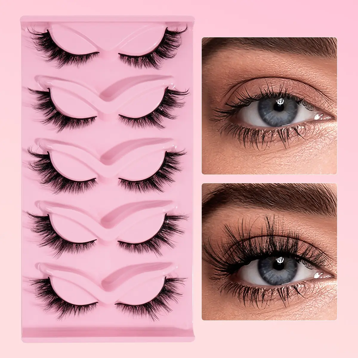 MAANGE 5 Pairs Wispy Fox Eye Mink Lashes 3D Layered D Curl Curly False Eyelashes Natural Thin Band Strip Lashes Dainty Volumizing Fake Lashes Daily & Evening Eye Makeup Accessories