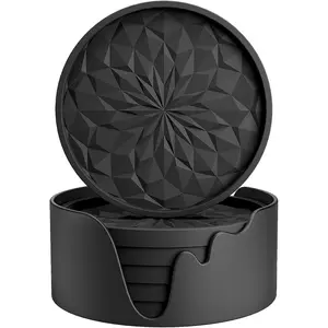 Silicone Coasters with Holder,[6 Pack] Drinking Coasters - Cup Mat for Hot or Cold Drinks, Thickened, Non-Slip, Non-Stick,Deep Tray Black