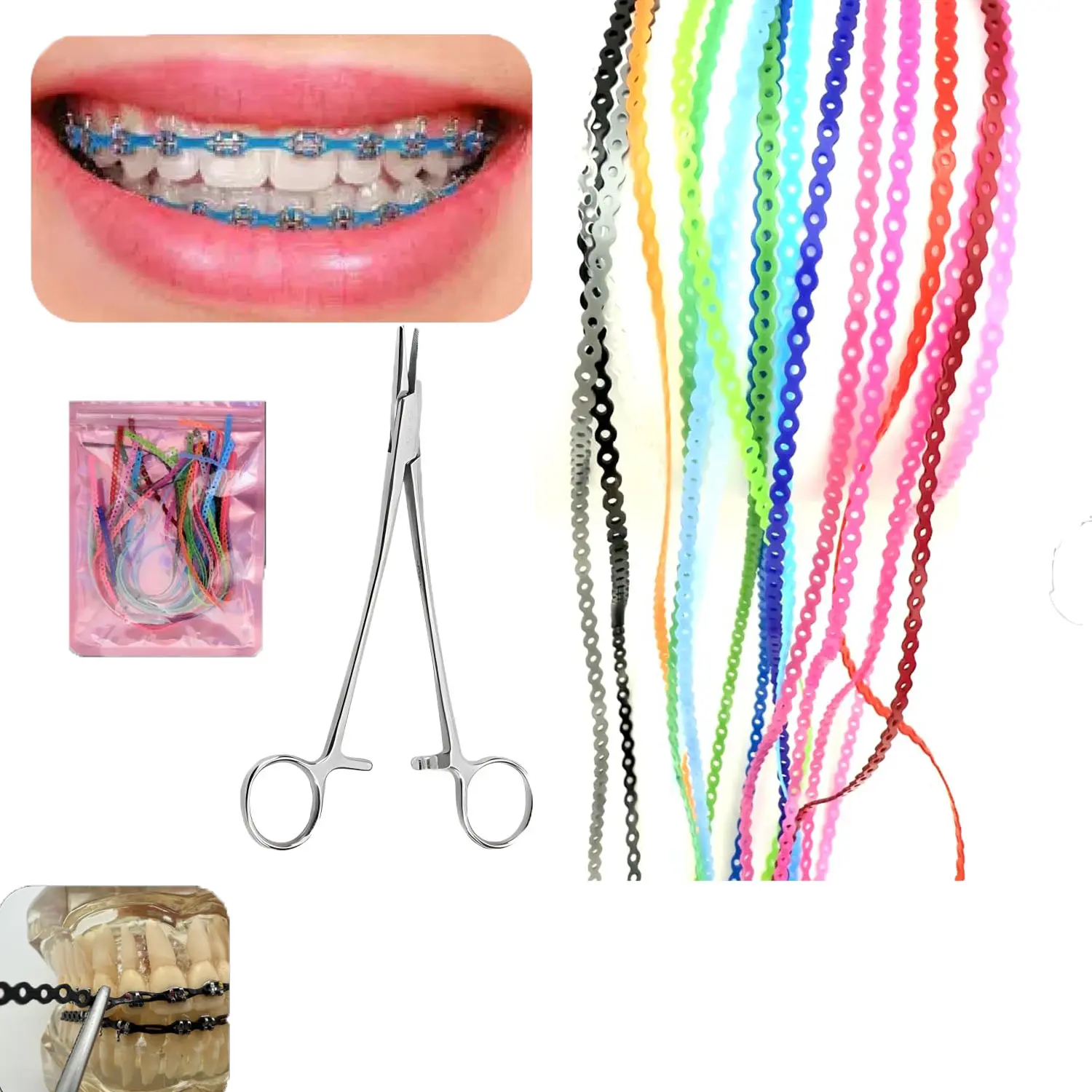20 Colors Continuous Orthodontic Power Chains Kit with Applicator Plier, 20cm Colorful Braces Elastic Bands, DIY Replacement Elastic Chains for Teens Adults Fashion Orthodontic Supplies