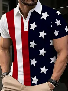 Men's Star-Spangled Lapel Polo Shirt, Casual Patriotic Top, Breathable Quick-Dry, Ideal for Sports, Commuting, Outdoor Events