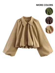 Women's Bubble Sleeve Pilot Jacket, Fashion Stand Collar, Zipper Short Loose Fit, Spring Fall Pleated Design,Khaki