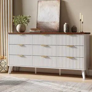 Garvee Fluted White Dresser with 9 Deep Drawers, 60.6 in Wide Modern Wooden Chest of Drawers, Curved Profile Design, Ideal for Bedroom, Living Room, Hallway, and Versatile Storage Needs