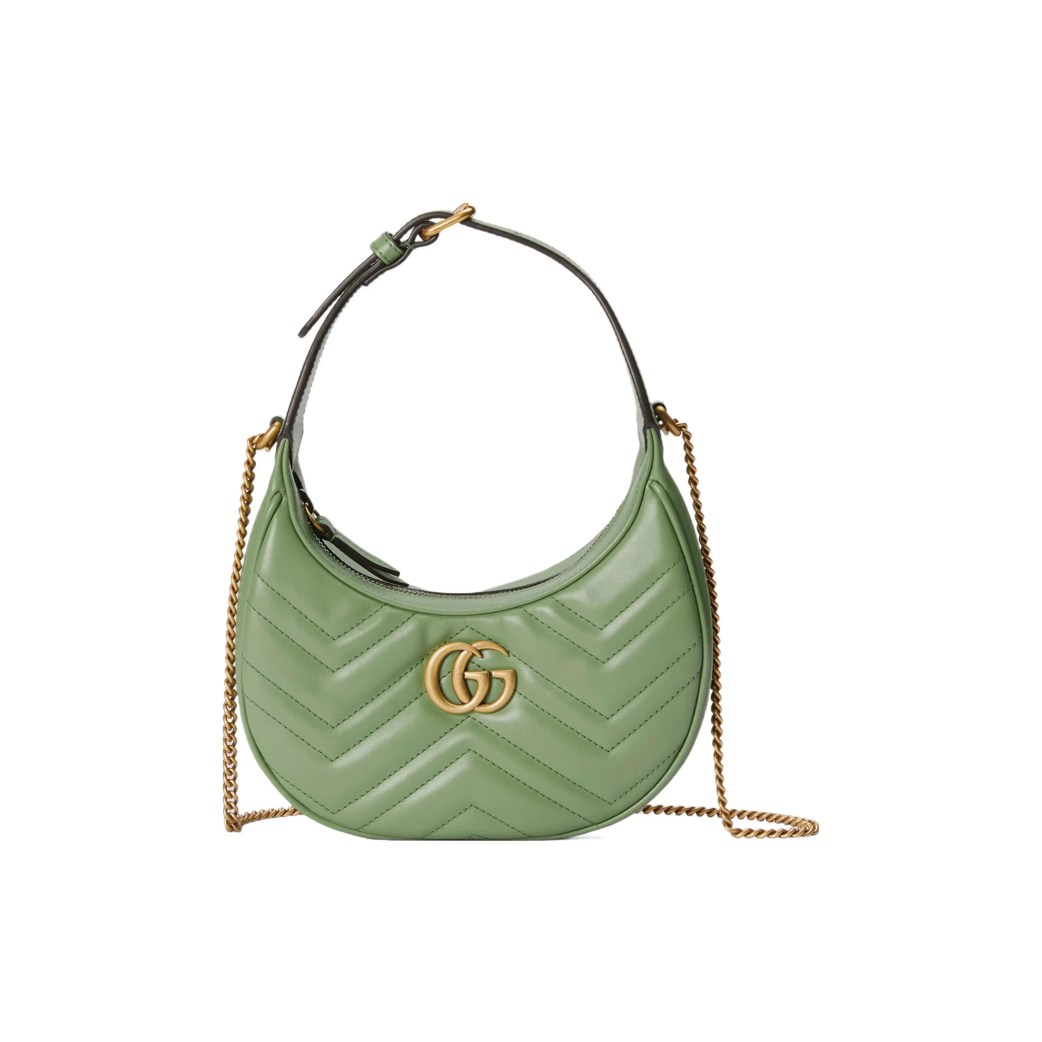 Gucci GG Marmont Vintage-Distressed Gold Logo Quilted V-Shaped Leather Handbag for Women in Gray Green