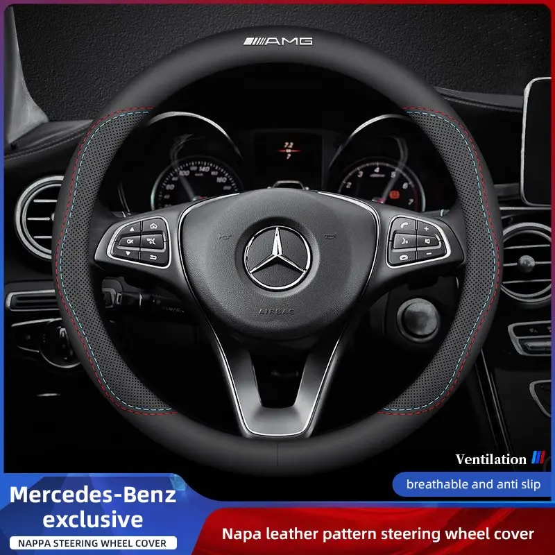 Car Leather Steering Wheel Cover Anti-slip Accessories For Mercedes Benz AMG GLE GLB GLS GLC GLA CLE CLA W223 W222 W213 W214 W177 W247 W206 W205 EQB EQE EQC EQS EQA W176 W242 W204 W212 W221