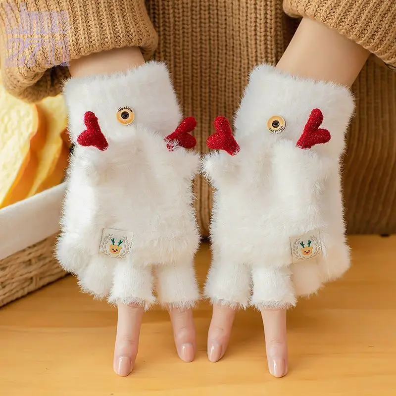 Christmas Reindeer Antler Flip Top Plush Gloves Winter Convertible Half Finger Windproof Writing Thermal Gloves for Girls Students