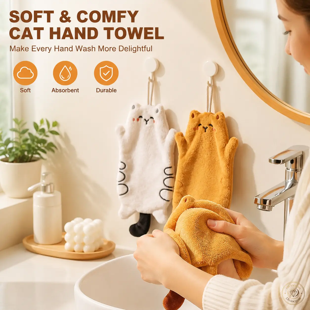 2-PCS Cute Cat Shaped Hanging Hand Towel, Thickened Coral Fleece Absorbent Quick‑dry Hand Drying Cloth, Lint‑Free Soft Embroidered Decorative Towel For Bathroom Kitchen Sink Home Wall Storage
