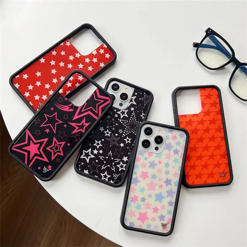 Wildflower Fashion INS Cute Red Stars Soft Edge hone Case For iPhone 12 13 14 15 16 Pro Max Plus 17 Pro WF Cartoon Stars Shell