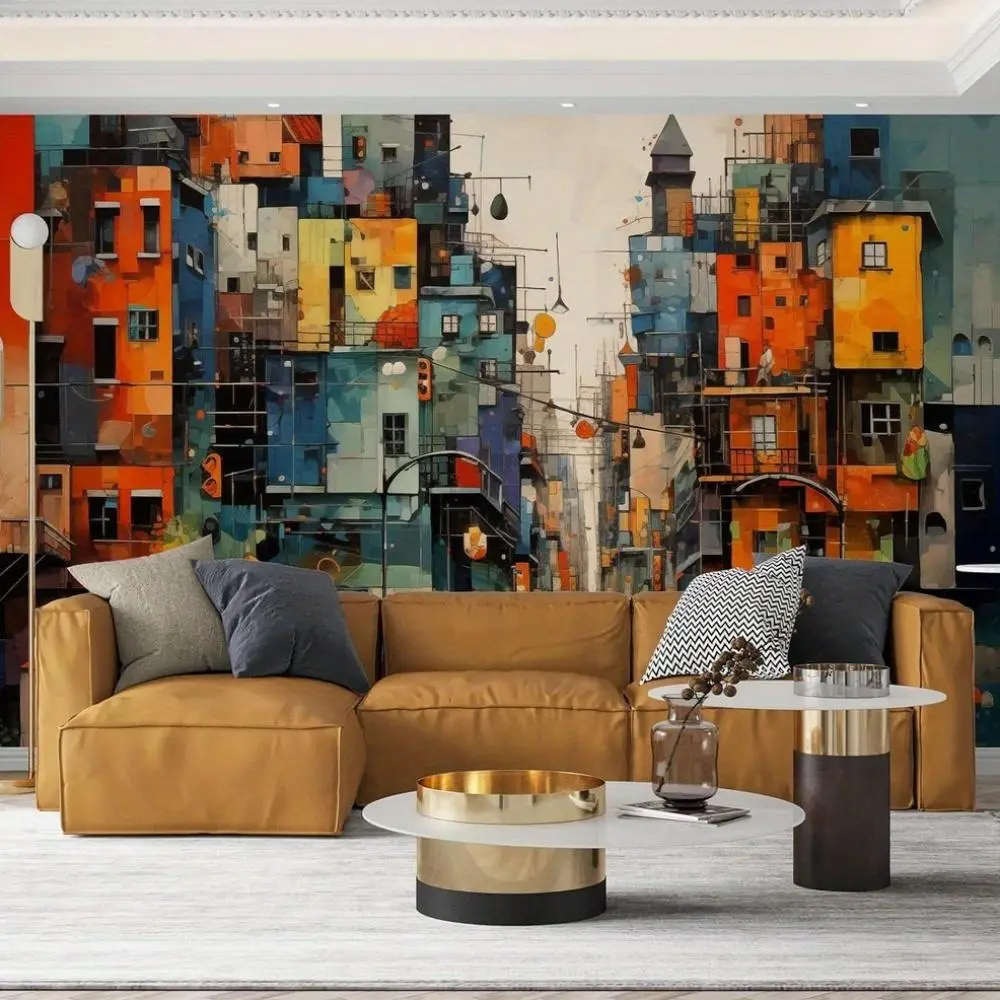 Decorative tapestries Modern City Wall Murals Peel and Stick Colorful Wallpaper Removable 3D Graffiti Wall Paintings People Building Abstract Wall Decor for Bedroom Bathroom Office