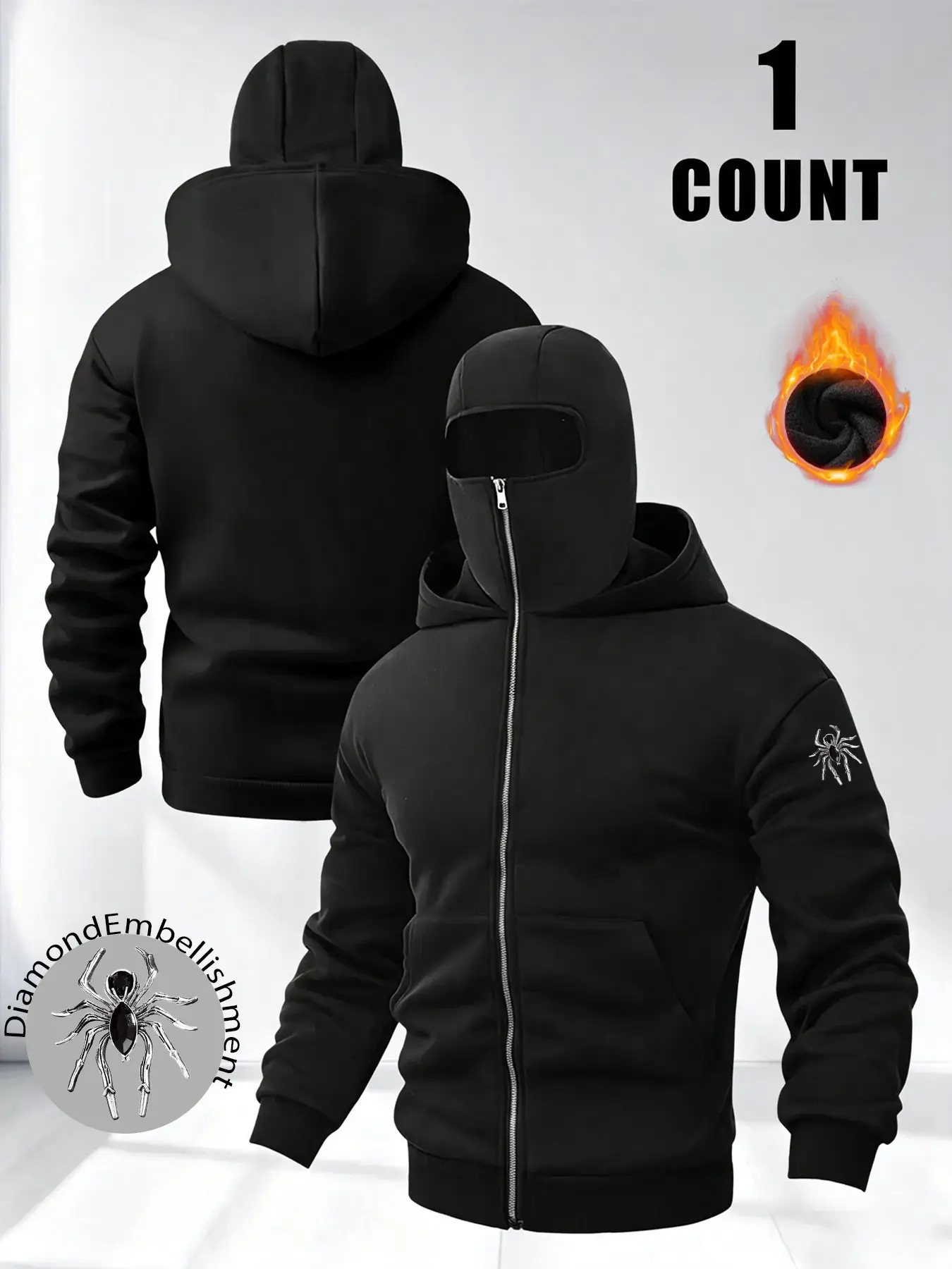 Men's Y2K Gothic Spider Rhinestone Hoodie, Casual Loose Fit, Thick Warm Fleece, Ninja Mask Hat Combo, Streetwear for Skateboarding, Fitness, Camping, Daily Wear