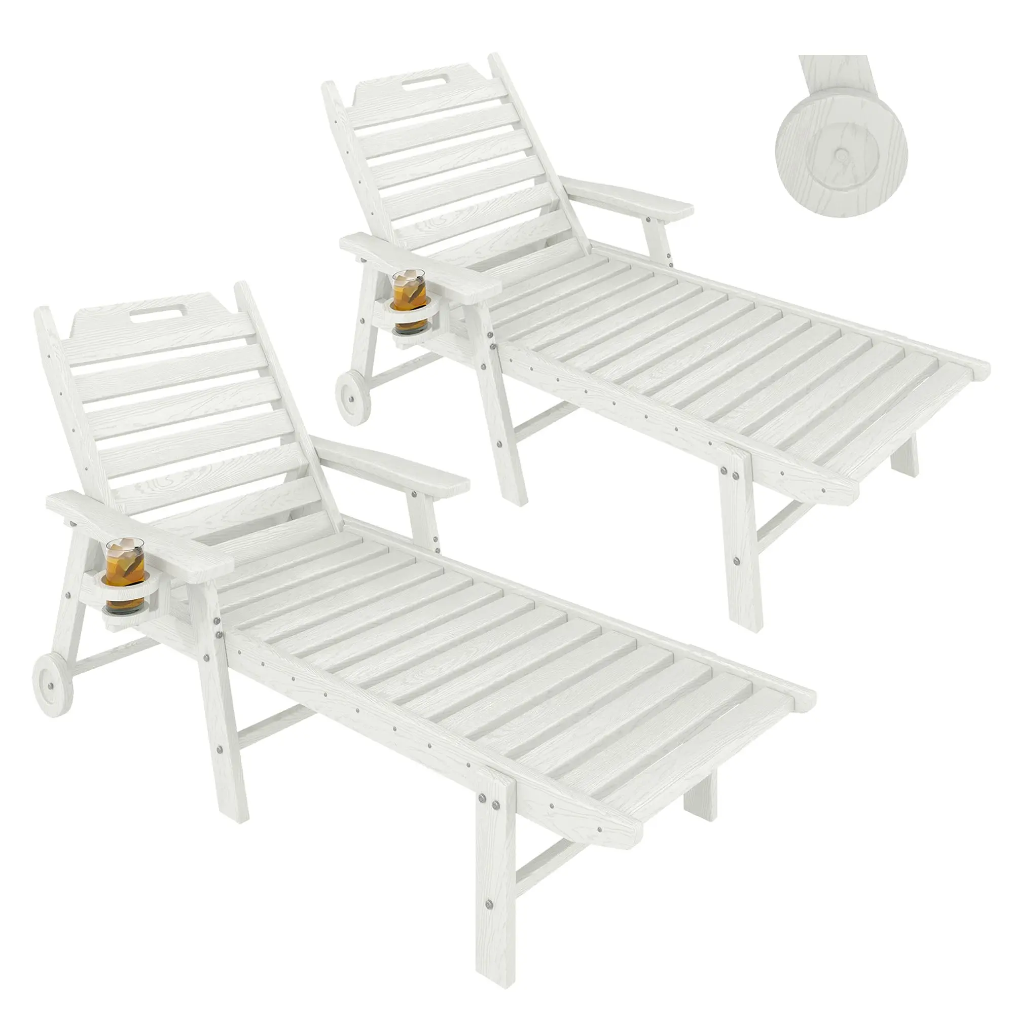 2-Pack White HDPE Plastic Outdoor Recliner Chaise Chairs - 5-Position, Wheels, Cup Holder, All-Weather, 450lb Capacity for Patio, Pool
