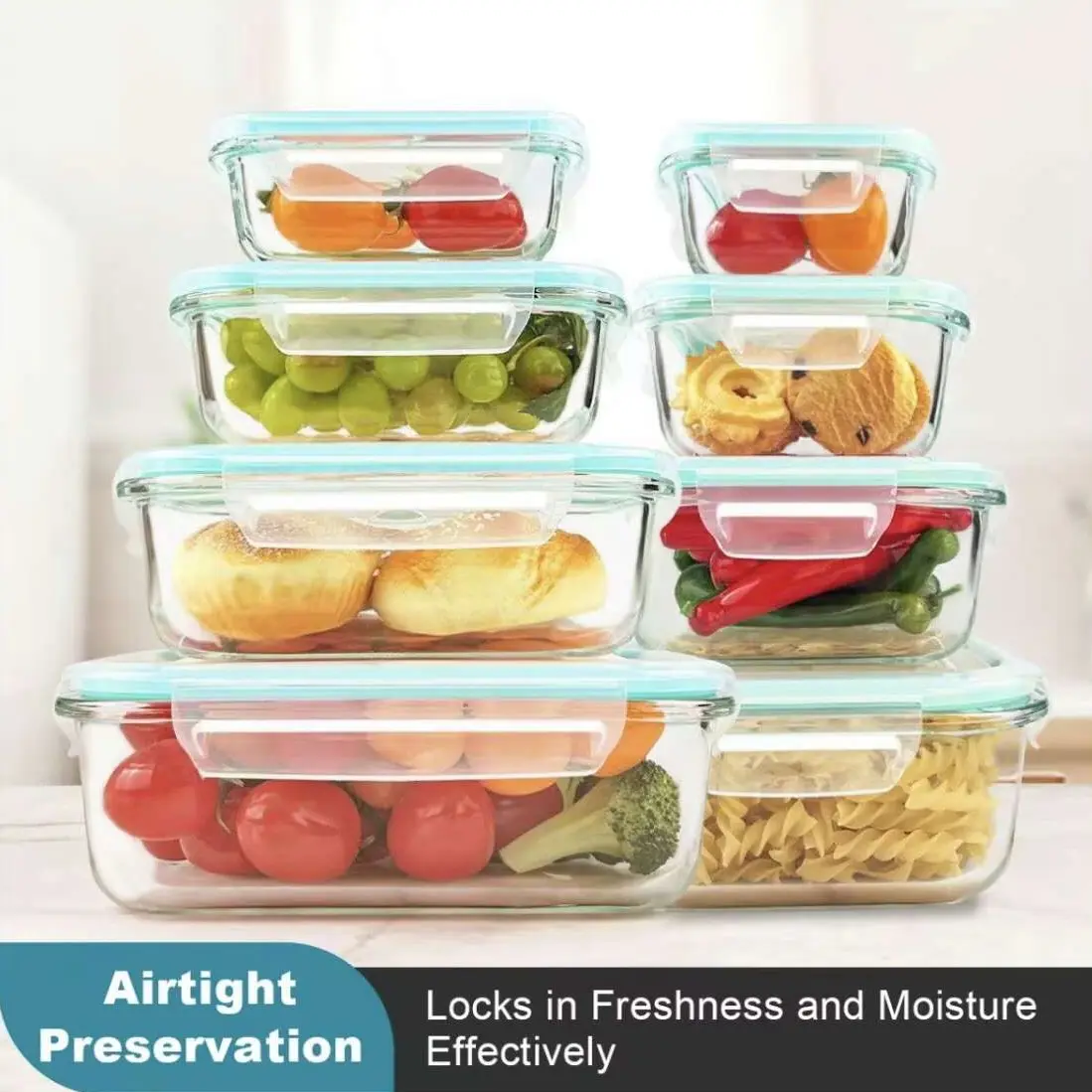 Premium Glass Food Storage Containers 8 Pack Stackable Square Design with Airtight Lids Green Rectangle Safe for Oven Microwave Freezer High Temperature Durable Kitchen Utensils