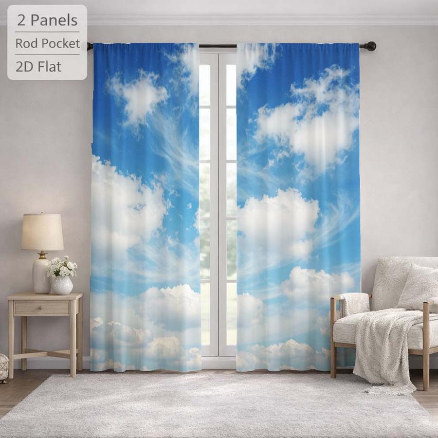 2Pcs Blue Sky White Cloud Pattern Landscape Sun Blocking Curtains Digital Printed Rod Pocket, Window Treatment For Bedroom Office Kitchen Living Room Study Home Decor