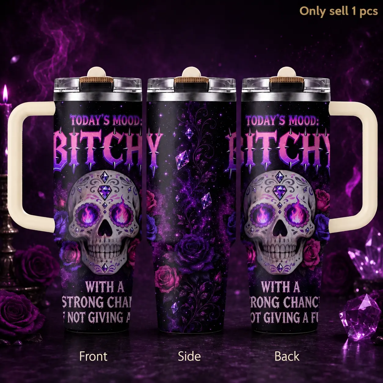 Gothic Skull Rose Bitchy Mood Vacuum Flasks 40oz 3rd Gen Vacuum Insulated Tumbler with Handle & Straw Lid, Leak-Proof Stainless Steel Travel Mug for Water, Coffee, Gym, Office, Car Cup Holder, Hydration Tumbler, Drinkware