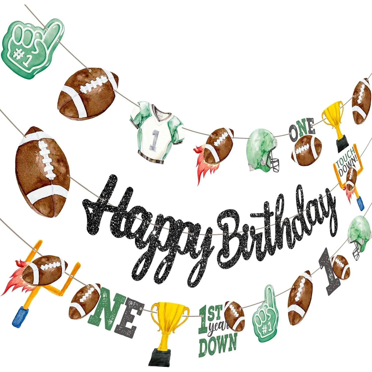 Football 1st Birthday Party Banner, Glitter Black Happy Birthday & First Year Down Decorations, Football Theme First Birthday Garland for  Boy 1st Birthday Party Supplies