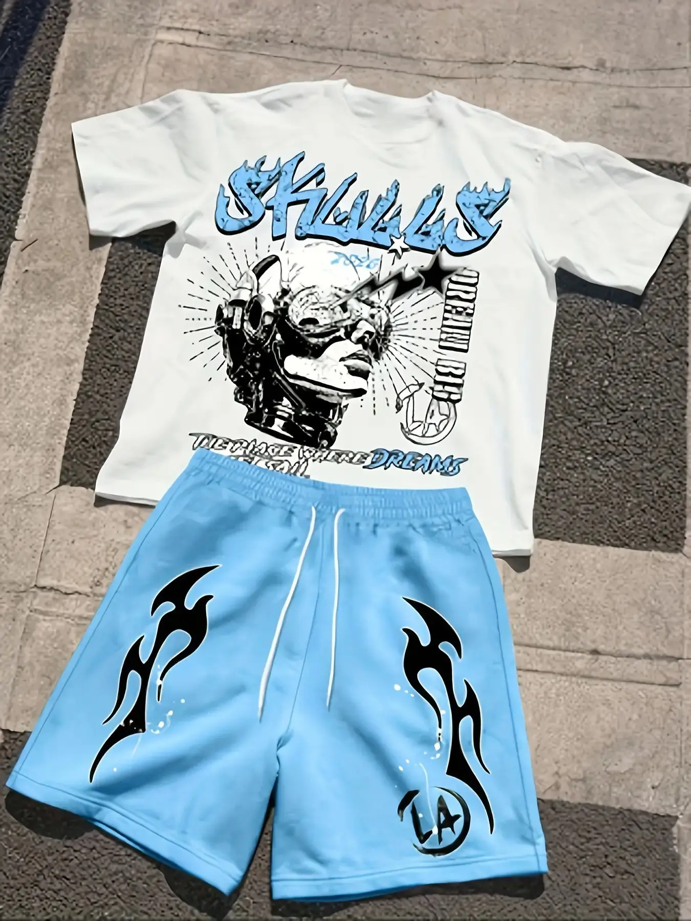 Men's short sleeved shorts two-piece set, American skull print street set, loose and trendy men's set