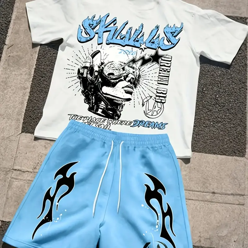 Men's Trendy Short Sleeve Top and Shorts Matching Two-Piece Set, American Skull Print Streetwear Set, Loose Casual Outfits