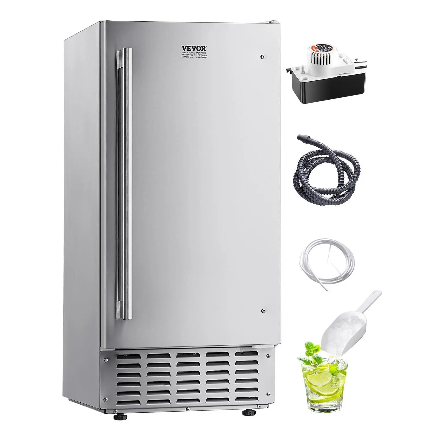 VEVOR Undercounter Built-in Ice Maker, 66 Lbs/Day Under Counter Nugget Ice Maker Machine with Reversible Door Stainless Steel, Freestanding Ice Maker for Commercial Home Kitchen, Electric Drainage