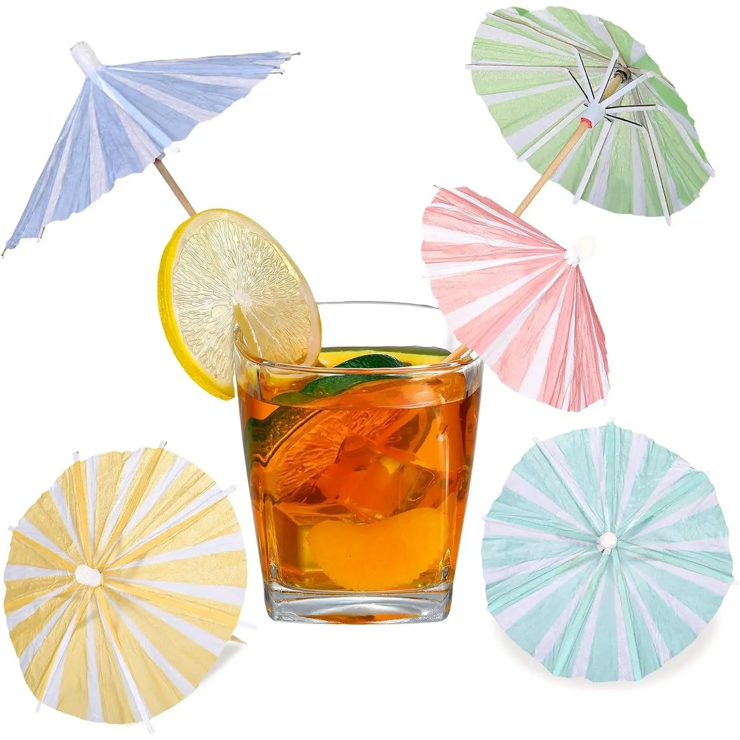 150 Pcs Cocktail Umbrellas Picks Vertical Stripes Style 5 Color | Mini Drink Umbrellas for Hawaiian Party Decor, Paper Parasol Wood Toothpicks, Tropical Summer Cocktails Cupcake Toppers