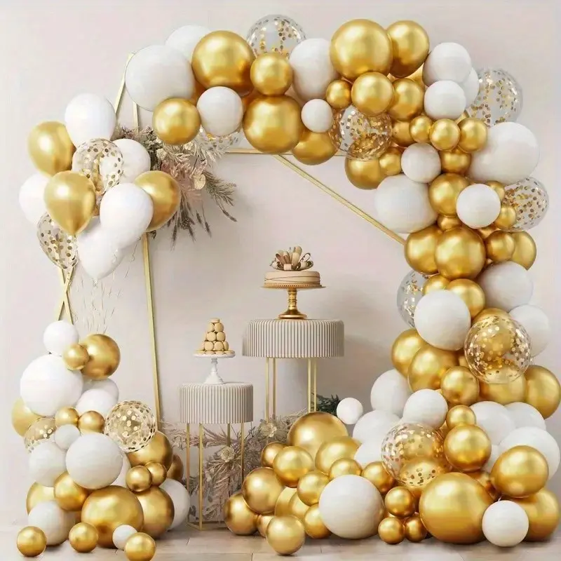 1 Set Gold White Latex Balloon Garland Kit, Balloon Arch Decoration, Assorted 5 Inch 10 Inch 18 Inch Balloons, Multi Occasion Party Backdrop Decor for Wedding, Birthday, Graduation, Anniversary, Carnival, New Year, Masquerade & Thanksgiving