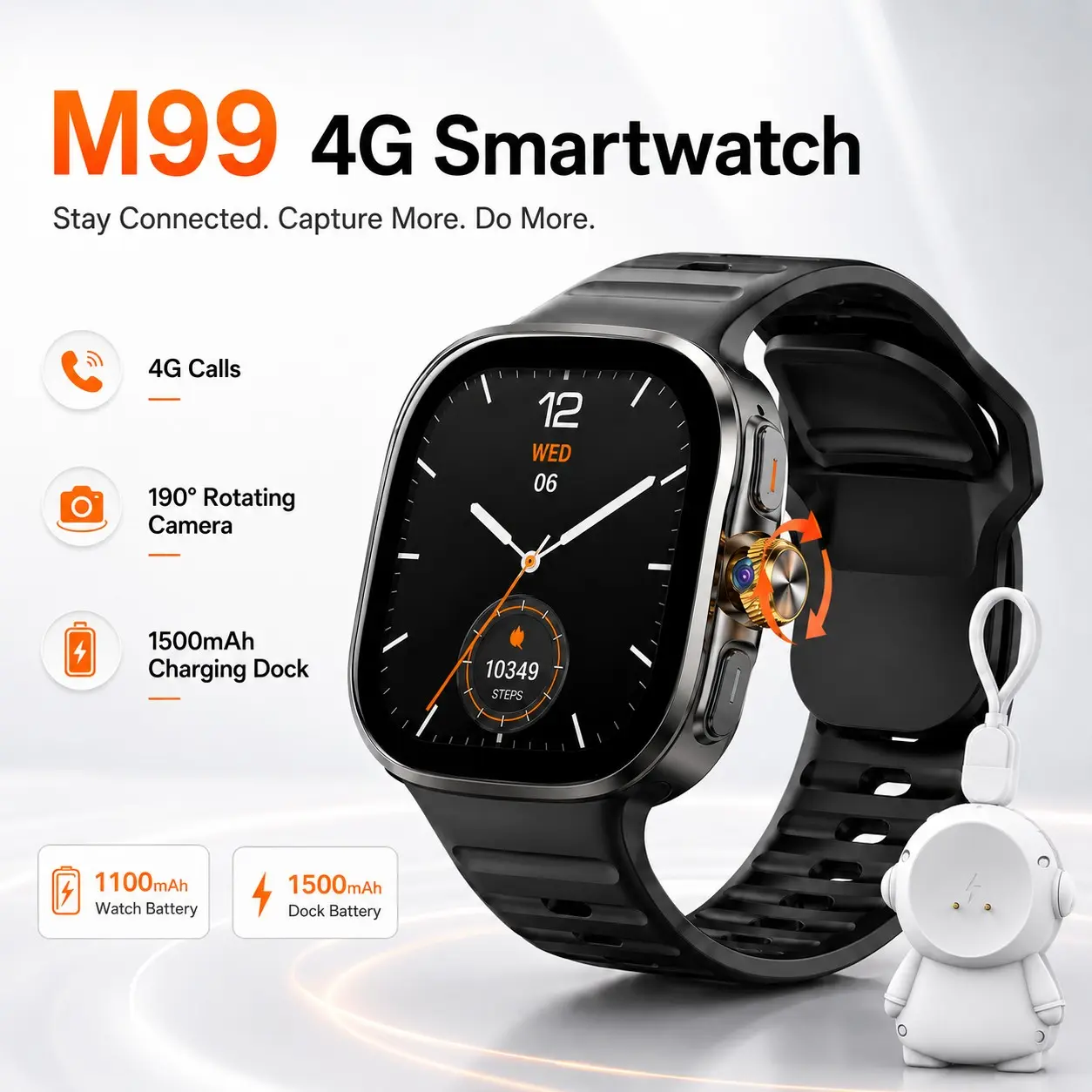 M99 4G Android Smartwatch, 2.4-Inch AMOLED Large Screen, 190° Rotating Camera, GPS WiFi, App Download, 1500mAh Portable Charging Dock for Men Women