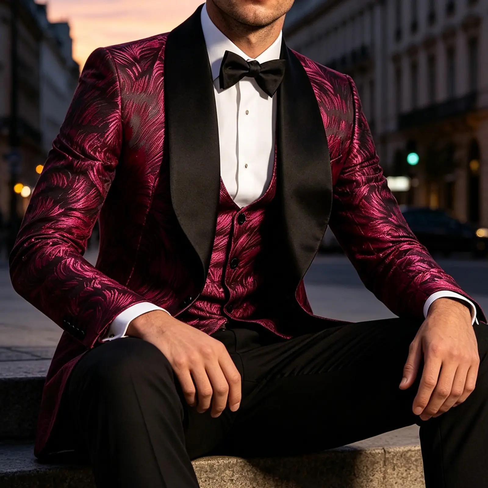 Men 3 Piece Suit Burgundy Feather Jacquard Tuxedo Jacket Matching Vest & Black Trousers Black Satin Shawl Lapel Formal Outfit for Wedding Prom Stage Performance