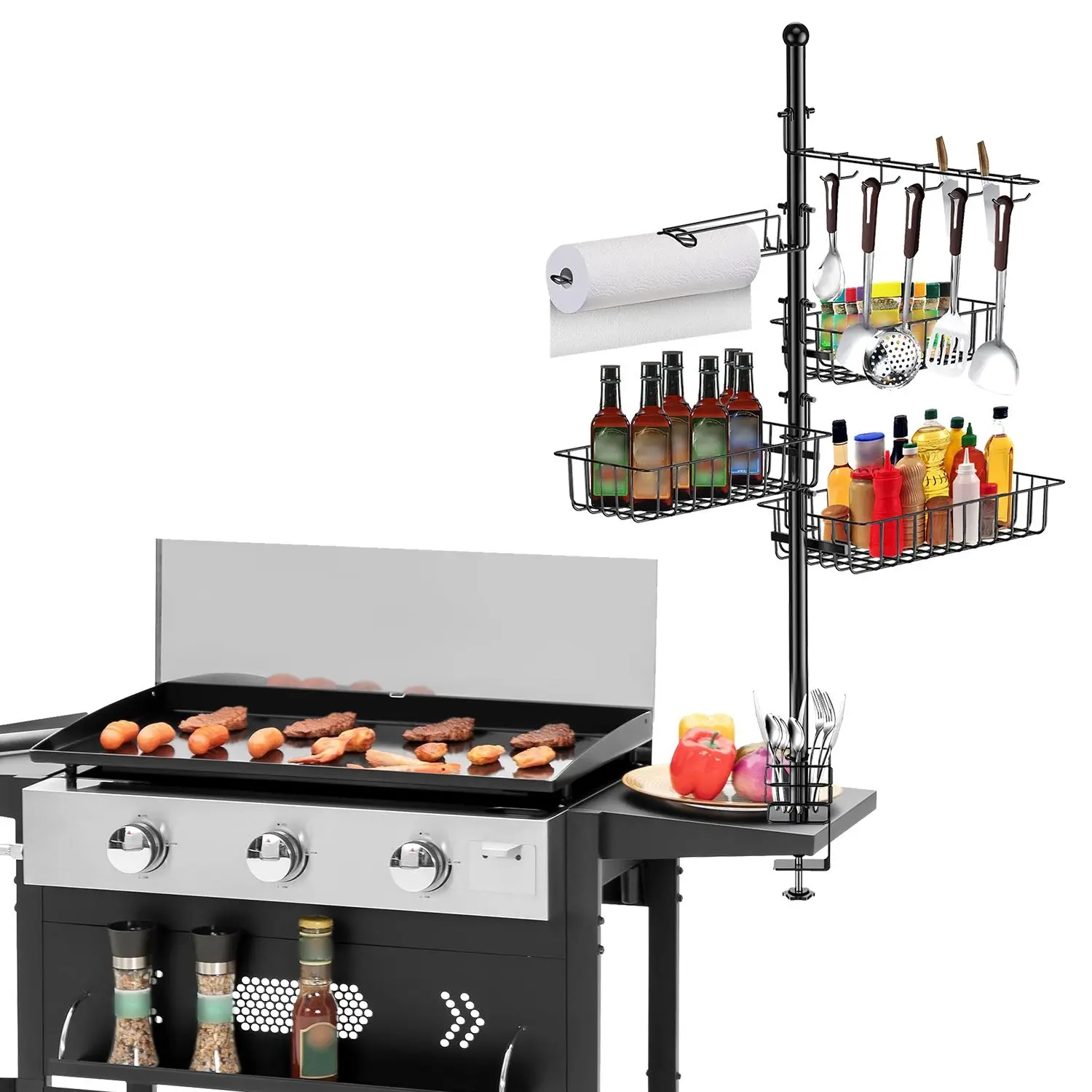 Sturdy Oil Steel Griddle Caddy, Vertical Standing BBQ Organizer with Paper Towel Holder, Hook Baskets for Grill Utensil Storage, Camp Kitchen Accessory Fit for Blackstone Griddle, Bbq Grill, Carbon Steel, Multi-Sizes, Multiple Parts