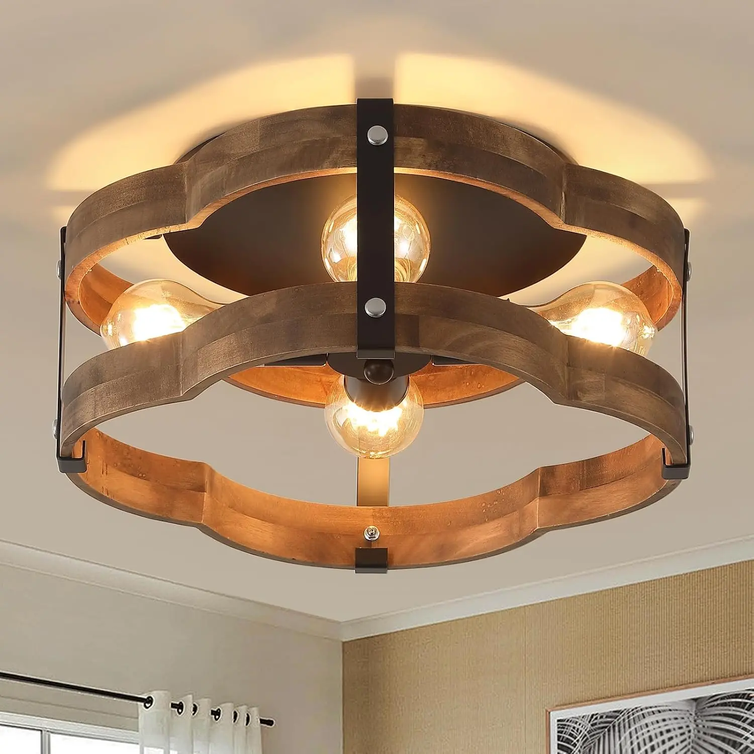 4-Light Rustic Farmhouse Wood Flush Mount Ceiling Light Fixture 14.17 inch Oak Wood and Metal Cloud Cage Semi Flush Mount Ceiling Light for Hallway Hall Entry Bedroom Farmhouse Indoor, Black