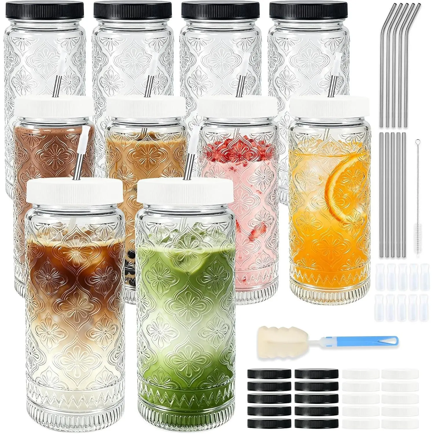 10-Pack 16oz Leakproof Reusable Glass Juice Bottles with Lids and Straws, for Smoothies, Iced Coffee, Meal Prep (Sports & Outdoor Accessories)