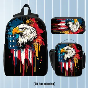 American Flag Bald Eagle_3606 (11) Three-piece Fashion printing backpack set with lunch bag stationery bag, Non-foodcontact, suitable for travel and outdoor activities, perfect gift for festivals