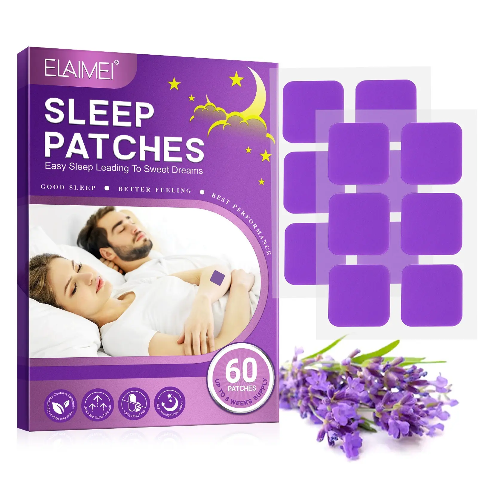 Elaimei Sleep Aid Patches, 60pcs Per Box, Contains Melatonin, Lavender Oil, Herbal Extracts, Improves Sleep Quality, Healthy, Safe and Effective