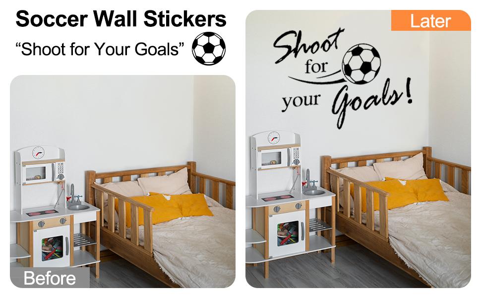 SICANDAENHK Level up your room with motivational soccer vibes!These "Shoot for Your Goals" vinyl stickers are easy to apply, great for walls, doors and windows.Ideal for kids’ bedrooms and playrooms for sporty decor🏆