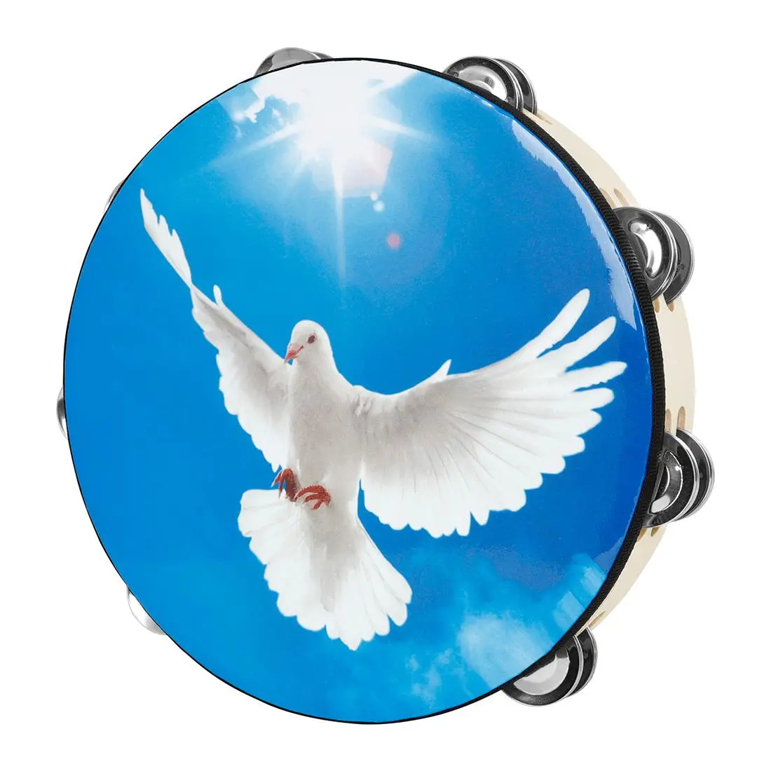 10 Inch Dual Layer Hand Crank Bell Drum, 2counts  Blue Sky Peace Dove Design, Elsjoy   Church Tambourines Musical Instrument Percussion Musical Instruments for Home Decor, Easy to Play