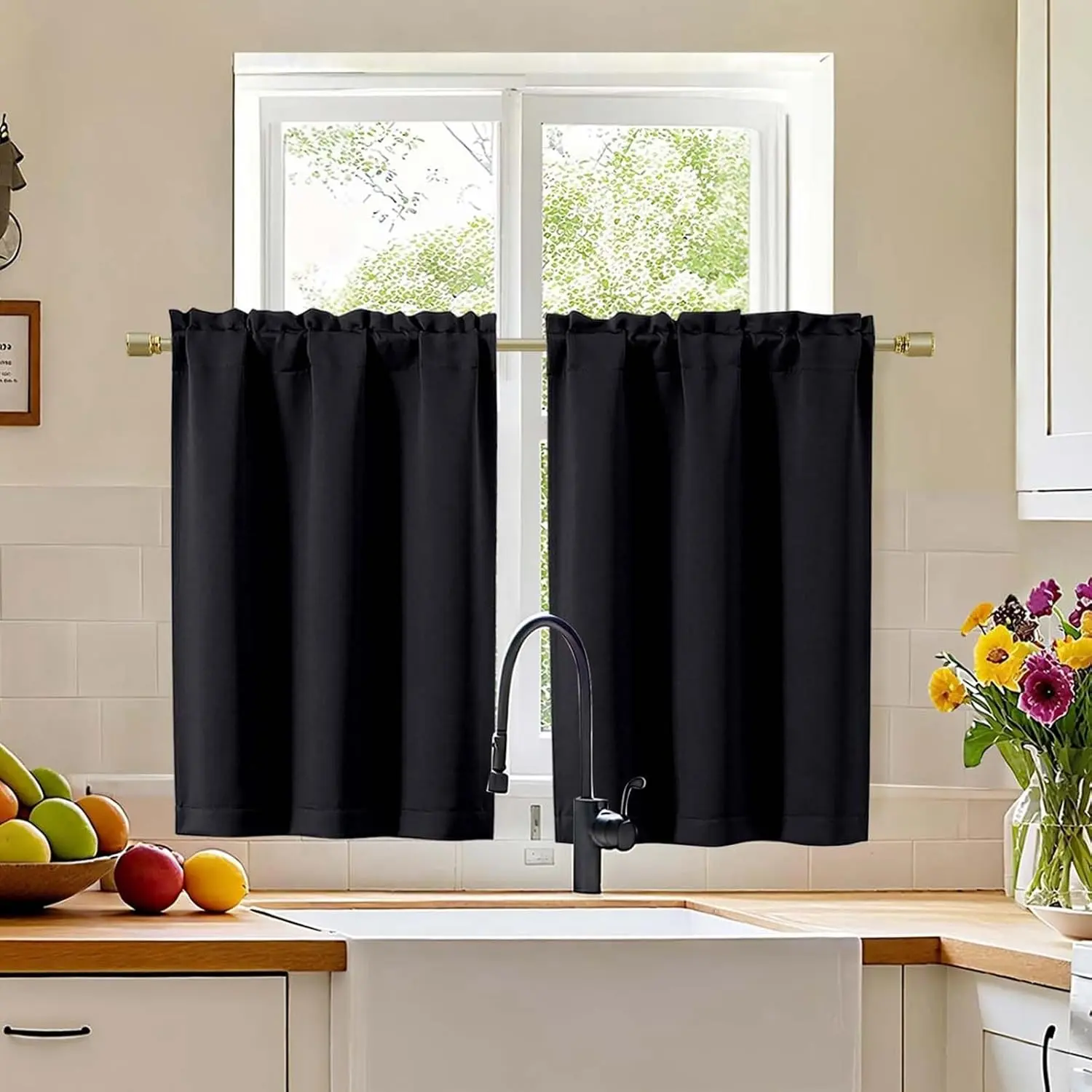 Black Short Curtains Tier 36 Inch Length 2 Panels Set, Half Window Blackout Curtains for Kitchen, Rod Pocket Tier Thermal Insulated Window Treatment Cafe Curtain, Each 30" Wx36 L