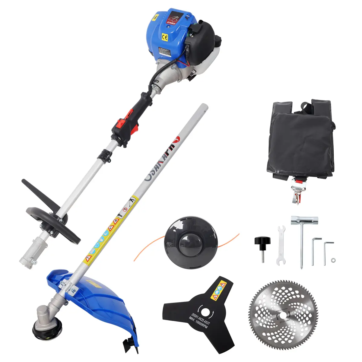 3 in 1 Multi-Functional Trimming Tool, 38CC 4 stroke Garden Tool System,String Trimmer,with Spool, 10" Metal 3T/80T Blade,Shoulder & Strap Included, EPA Compliant, Blue Color