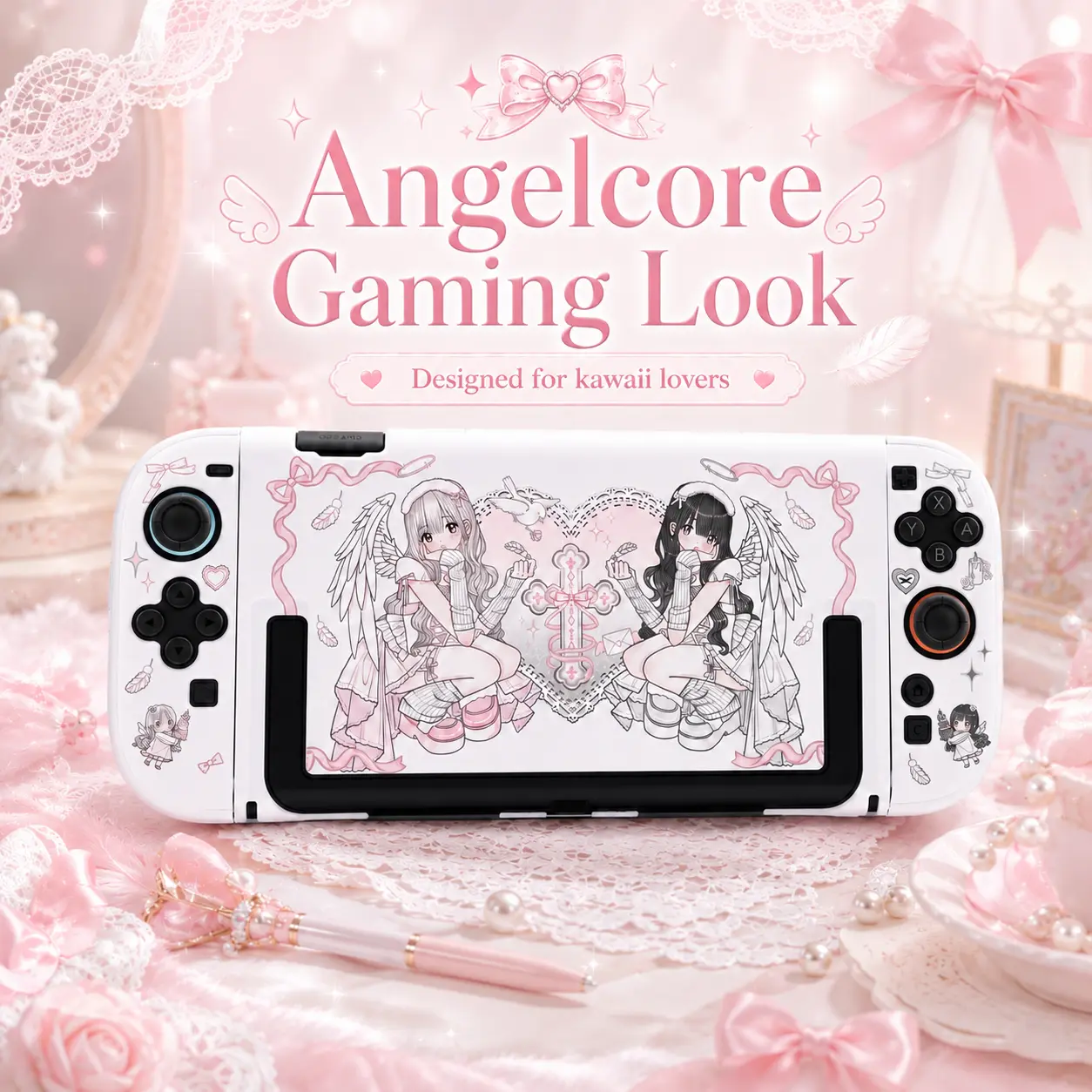 Kawaii Anime Twin Angel Soft TPU Console Case for Nintendo Switch OLED - Pink Coquette Console Cover with Controller Grip, Shockproof Gaming Accessories, Cute Accessories for Kawaii Lovers (Angelcore Gaming Look)