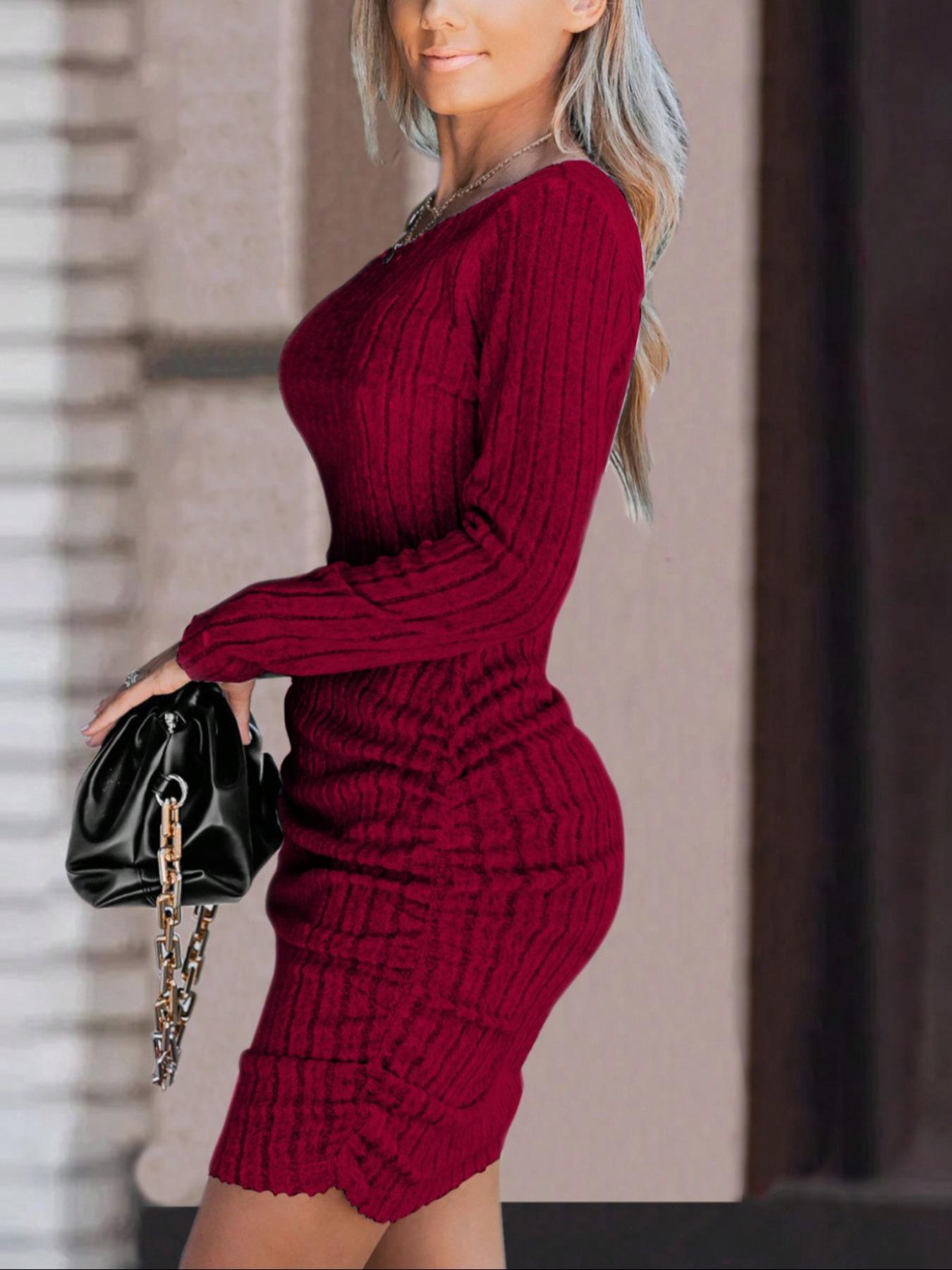 Ribbed Bodycon Dress One Shoulder Asymmetrical Mini Dress Off Shoulder Long Sleeve Sexy Knit Slim Fit Stretch Ruched Clubwear Evening Night Out Party Wear Elegant Figure Hugging Trendy Womens Autumn Winter Wine Red Mini Dress