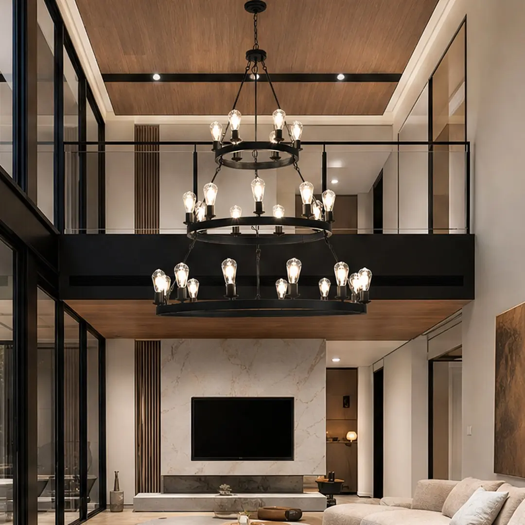 ARCH 45-Inch Retro Industrial 3-Layer Pendant Light Fixture, 27-Light Black Iron Farmhouse Chandelier, Adjustable Chain, for Dining Room, Living Room, Hall, Conference Room, Bulbs Not Included, Black Color Options, Iron Material, Product Dimensions: